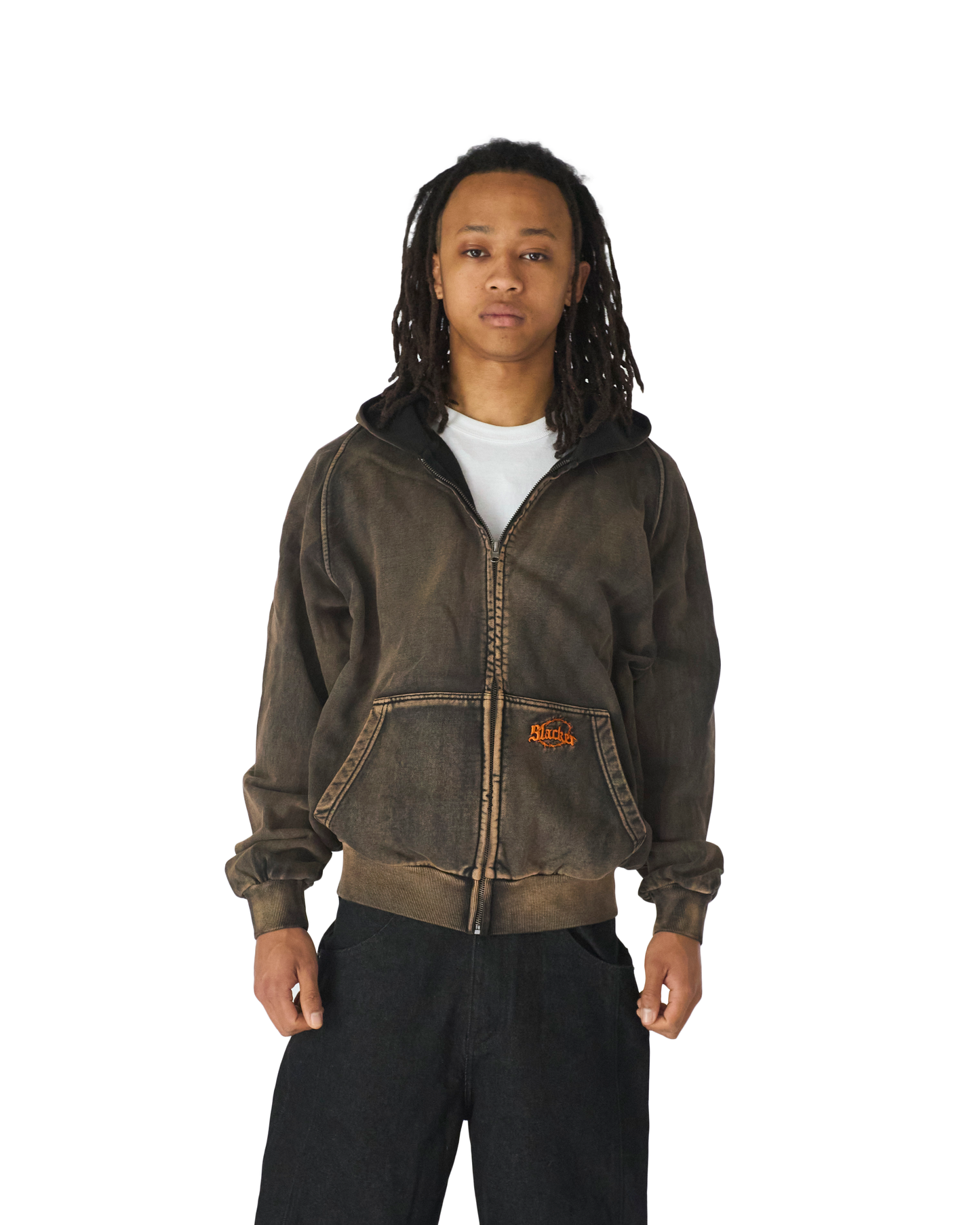 Acid Wash Zip Hoodie Brown
