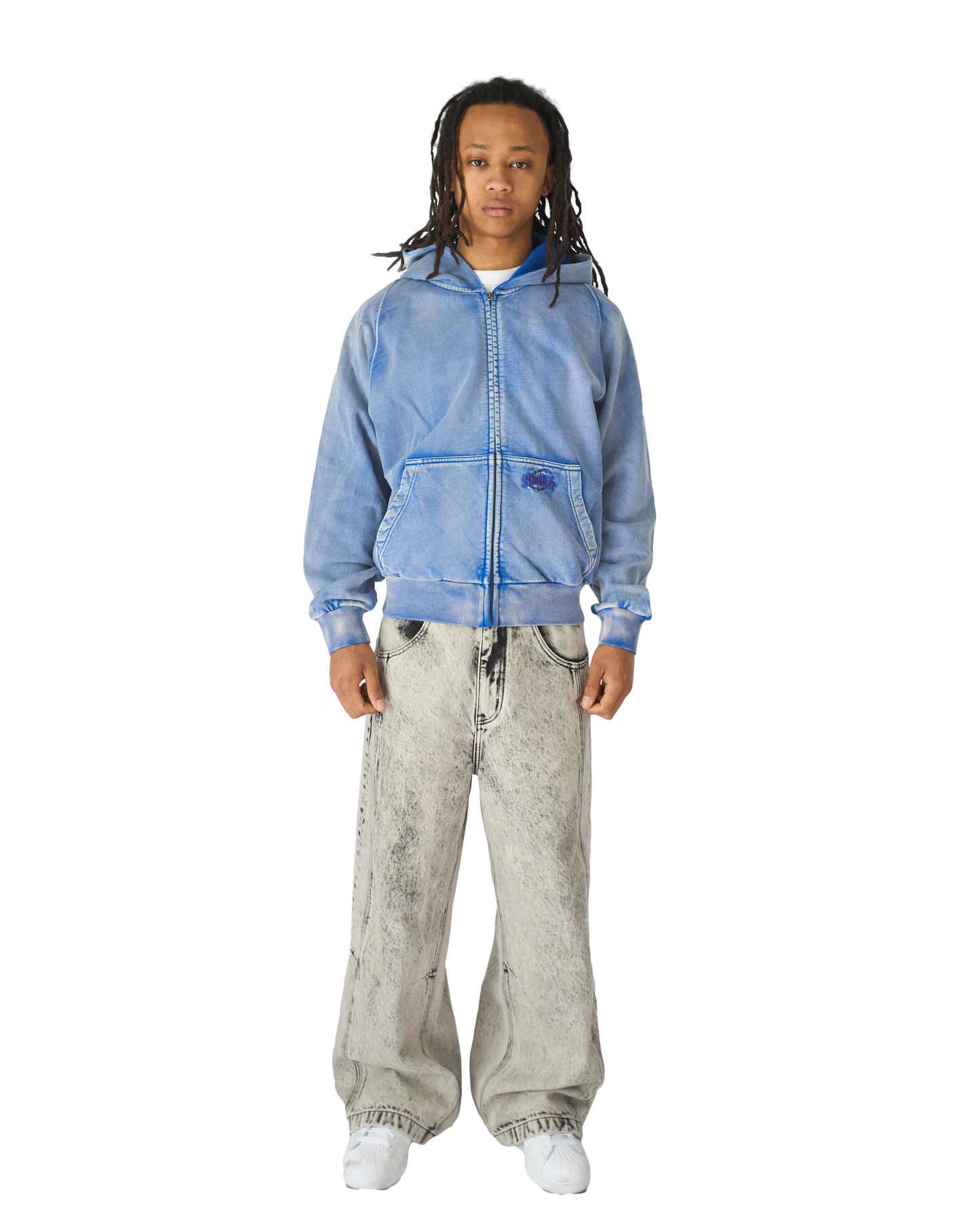 Acid Wash Zip Hoodie Blue