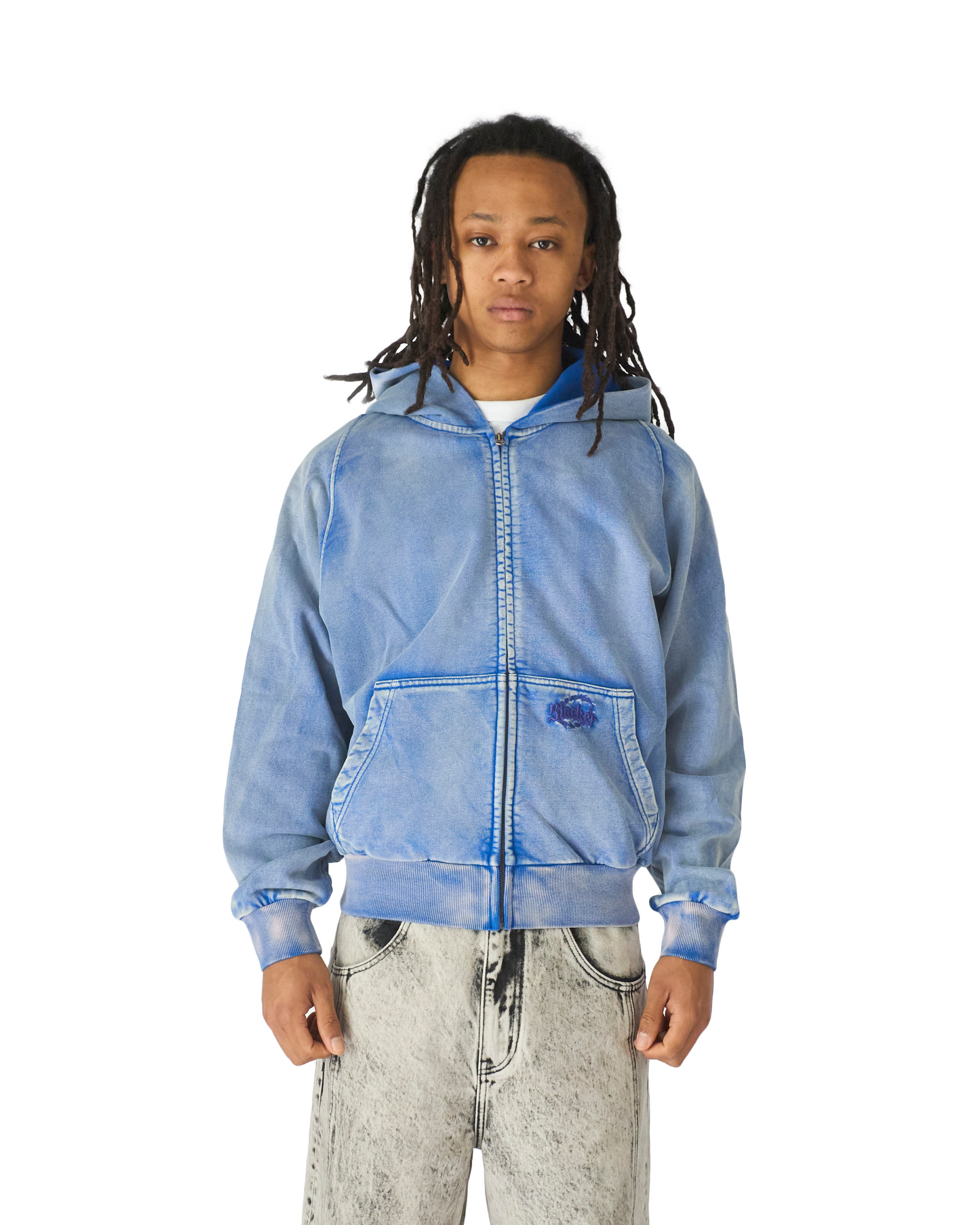 Acid Wash Zip Hoodie Blue