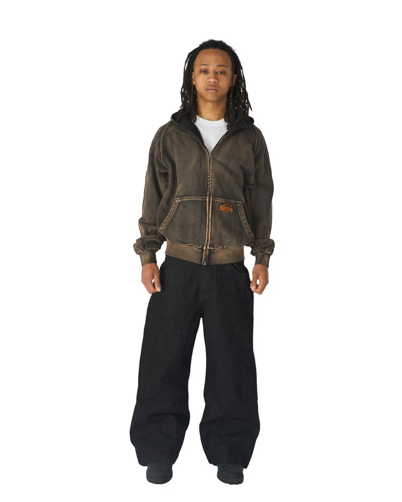 Acid Wash Zip Hoodie Brown