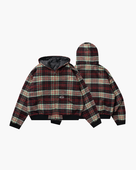 Check hood zip jacket Red