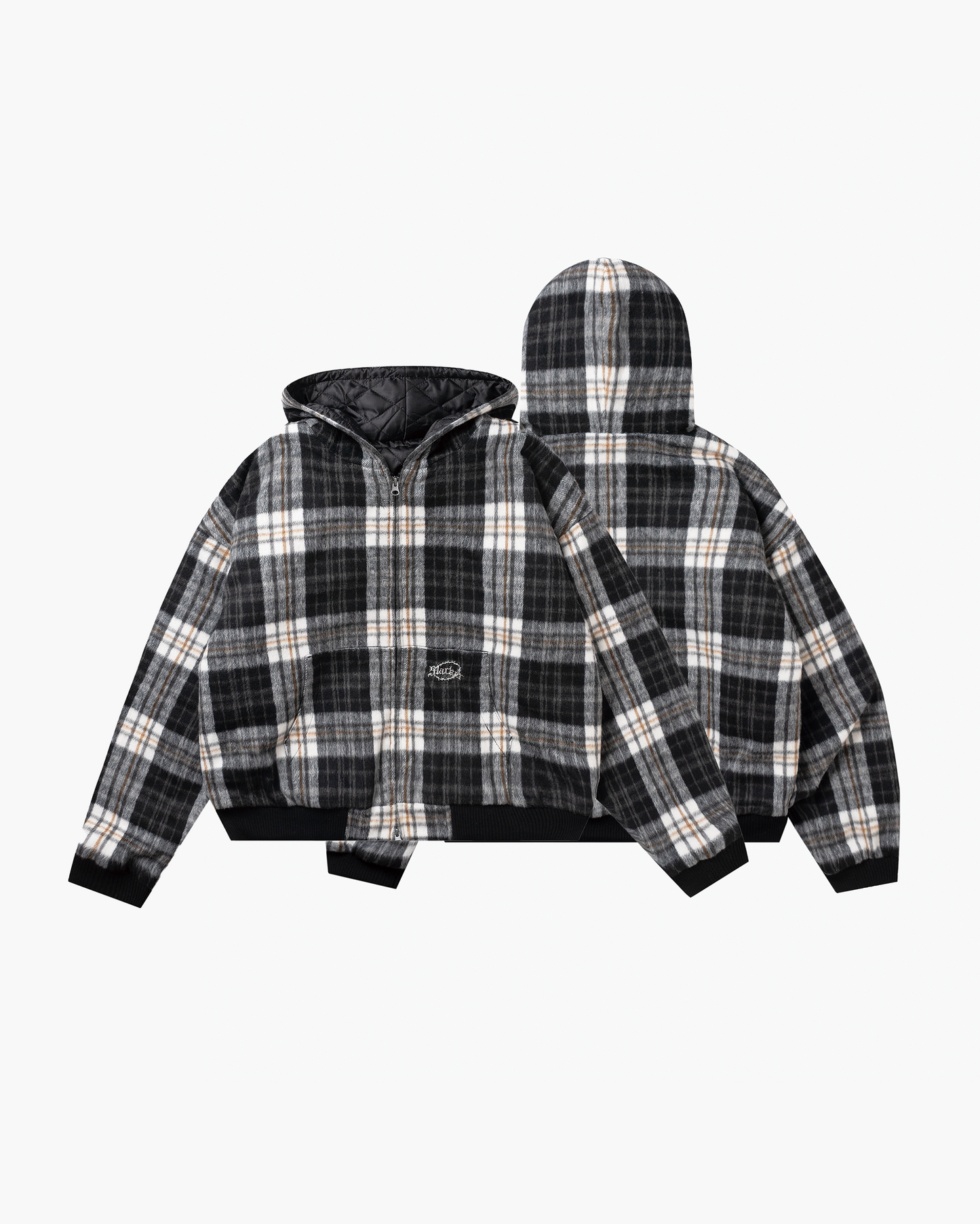 Check hood zip jacket Black