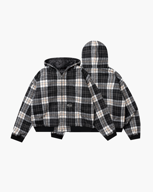 Check hood zip jacket Black