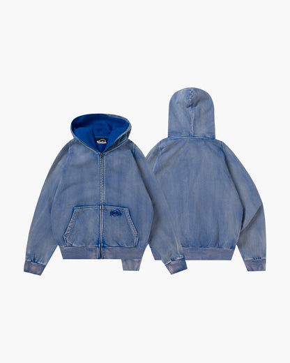 Acid Wash Zip Hoodie Blue