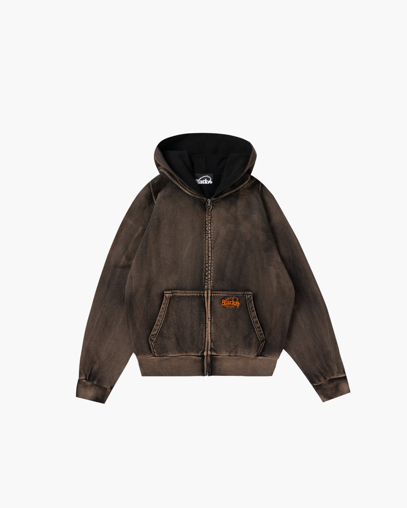 Acid Wash Zip Hoodie Brown