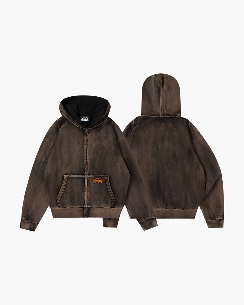 Acid Wash Zip Hoodie Brown