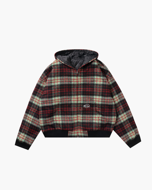 Check hood zip jacket Red