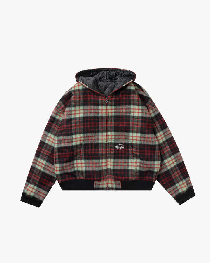 Check hood zip jacket Red